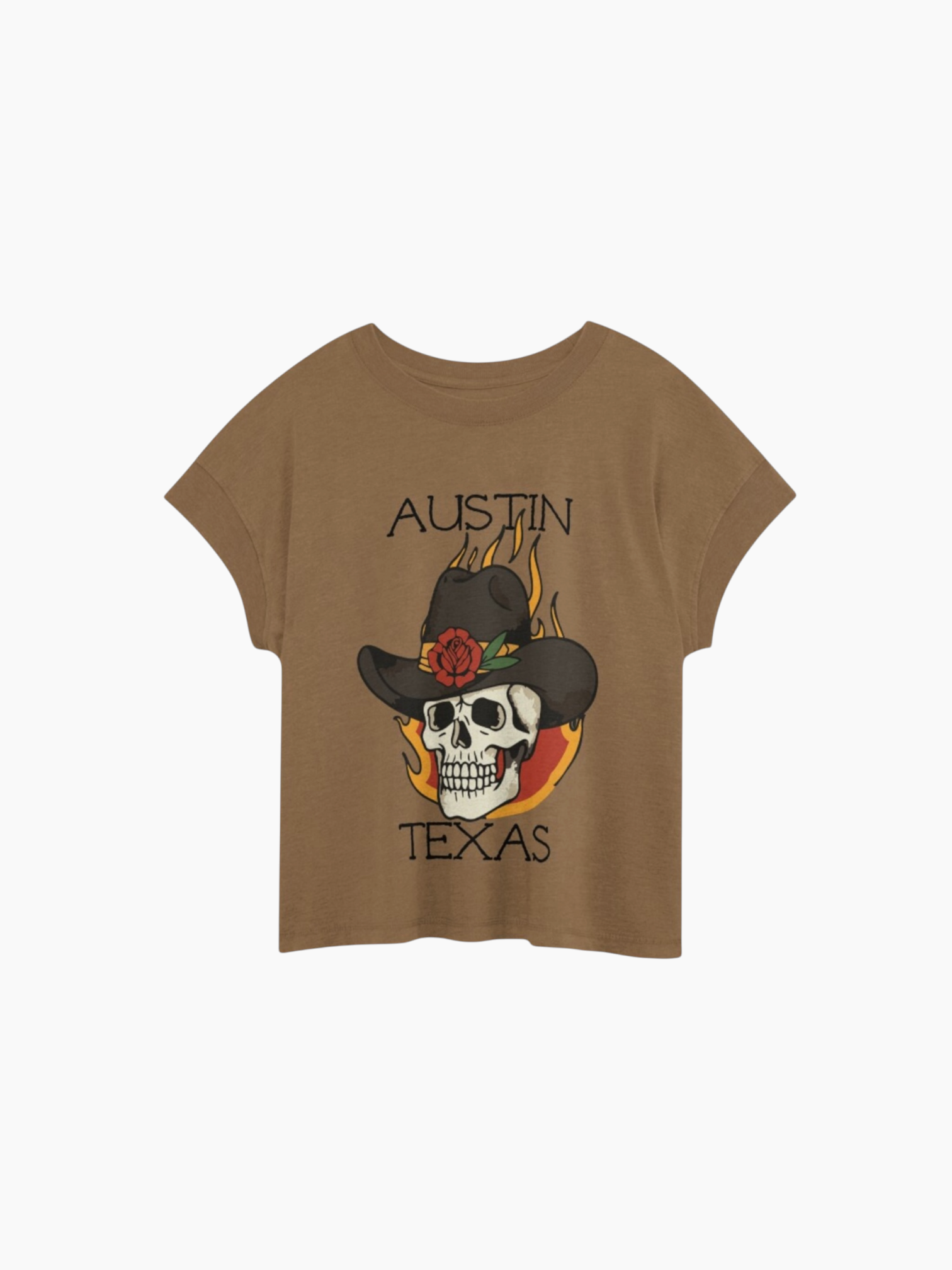 Austin Texas Cowboy Skull Floral Tattoo Relaxed T-Shirt Tan