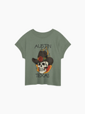 Austin Texas Cowboy Skull Floral Tattoo Relaxed T-Shirt Basil Green