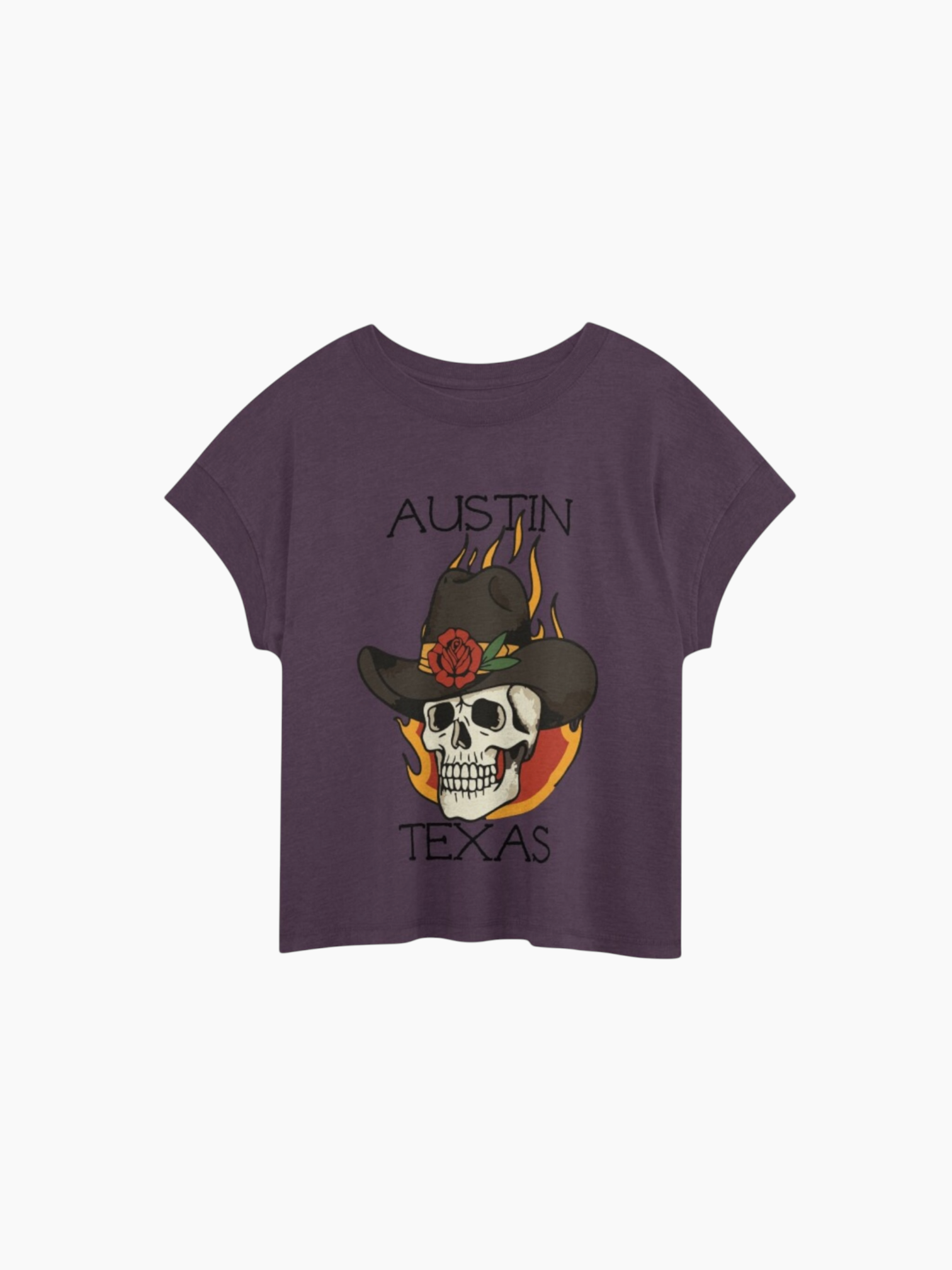Austin Texas Cowboy Skull Floral Tattoo Relaxed T-Shirt Plum
