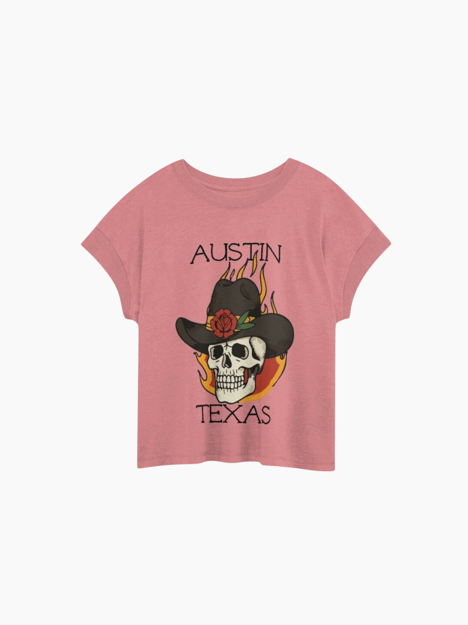 Austin Texas Cowboy Skull Floral Tattoo Relaxed T-Shirt Pink